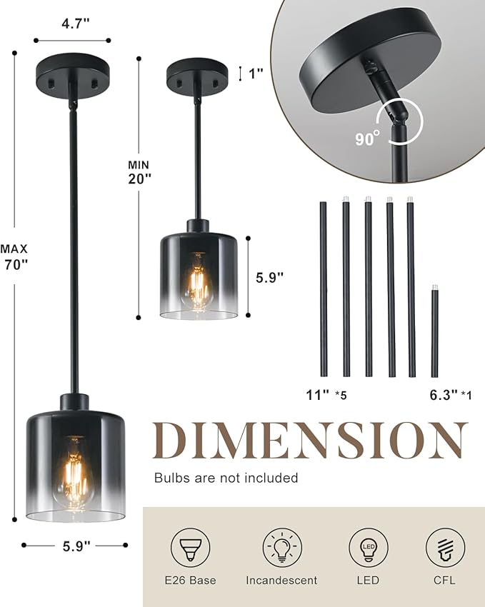 2-Pack Black Pendant Light Fixtures, Modern Pendant Lights for Kitchen Island with Adjustable Rods, Industrial Glass Pendant Lights for Dining Table Hallway Bedroom Living Room