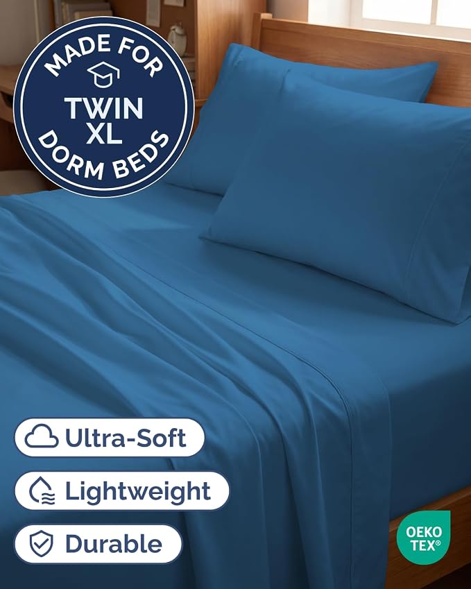 Twin XL 4 Piece Sheet Set - Comfy Breathable & Cooling - Ultra Soft Hotel Luxury Bedding Set w/ 8-16 Inch Deep Pockets - 1 Flat & 1 Fitted Sheet & 2 Pillowcases - Wrinkle Free & Easy Care - Denim Blue