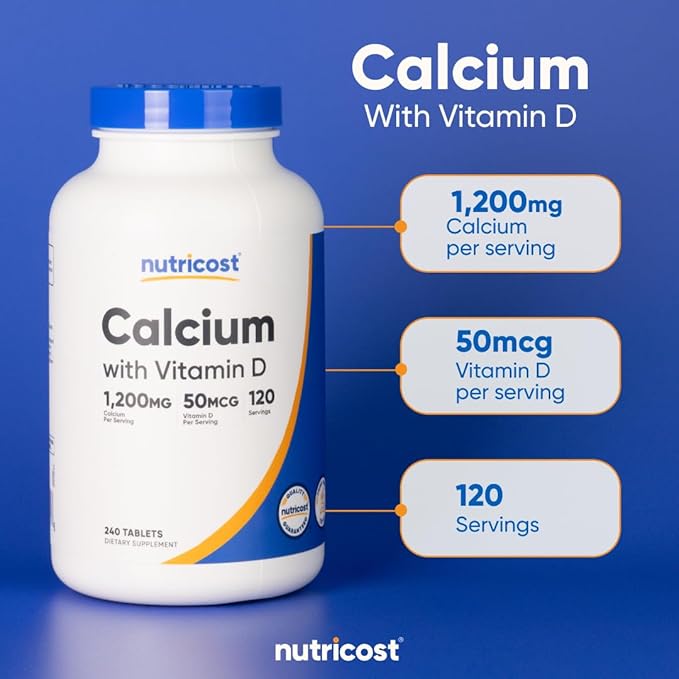Nutricost Calcium avec Vitamine D, 240 Comprimés - Calcium (1200mg) Vitamine D (50mcg) Par Portion - Sans OGM, Sans Gluten