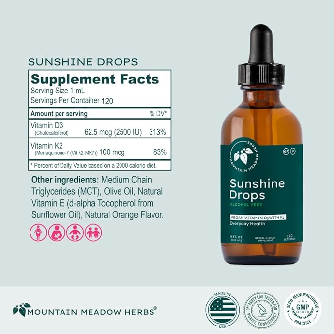 Mountain Meadow Herbs Sunshine Drops | Vegan Vitamin D3 Booster for Healthy Bones & Teeth | Ideal Winter Supplement | Tincture 4oz
