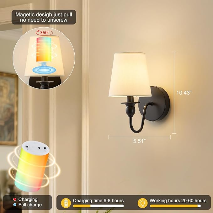 Battery Operated Wall Sconce Set of 2,Wireless Wall Sconces with 10000 mAh,RGB Rechargeable Sconces with Remote,Cordless Wall Lights for Bedroom,Living Room,Bathroom,Renter Friendly Home Decor (Black)