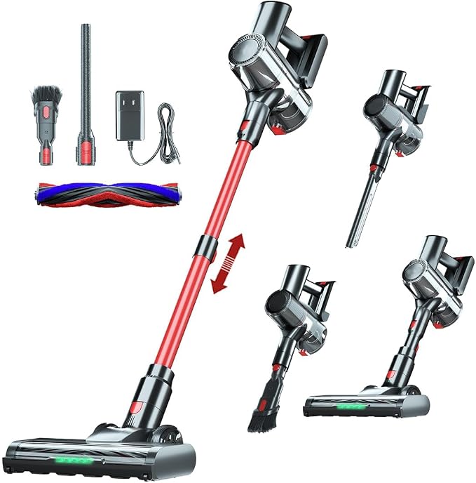 Cordless Vacuum Cleaner, 48Kpa Strong Suction, 50Mins Runtime, Anti-Tangle Brush Roll, 4-in-1 Lightweight Stick Vacuum for Hard Floor Carpet Pet Hair, with LED Display & Wall Mount Charging