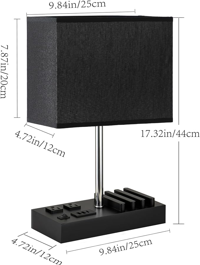 Briever USB Table Lamp, Multi-Functional Desk Lamp with 2 AC Outlets, Bedside Lamp with 3 USB Charging Ports and Wooden Phone Stands, Nightstand Lamp for Bedroom, Livingroom, Office, Black Shade