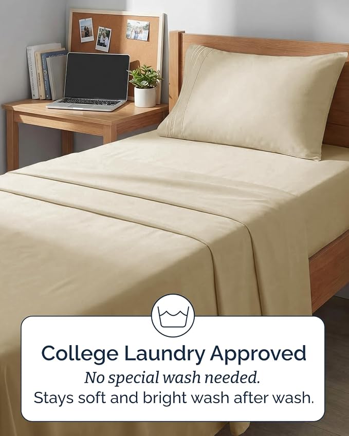 Twin XL 4 Piece Sheet Set - Comfy Breathable & Cooling - Ultra Soft Hotel Luxury Bedding Set w/ 8-16 Inch Deep Pockets - 1 Flat & 1 Fitted Sheet & 2 Pillowcases - Wrinkle Free and Easy Care - Beige