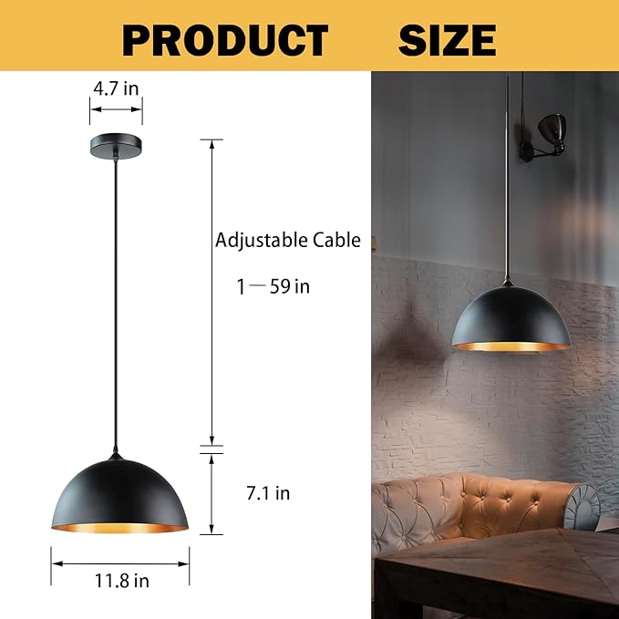 Takor 3 Pack Metal Pendant Light Fixtures, Rustic Ceiling Lights, Industrial Adjustable Hanging Lamp with E26 Base, Farmhouse Pendant Lighting for Kitchen Island, Living Room, Black(Bulb Not Included)
