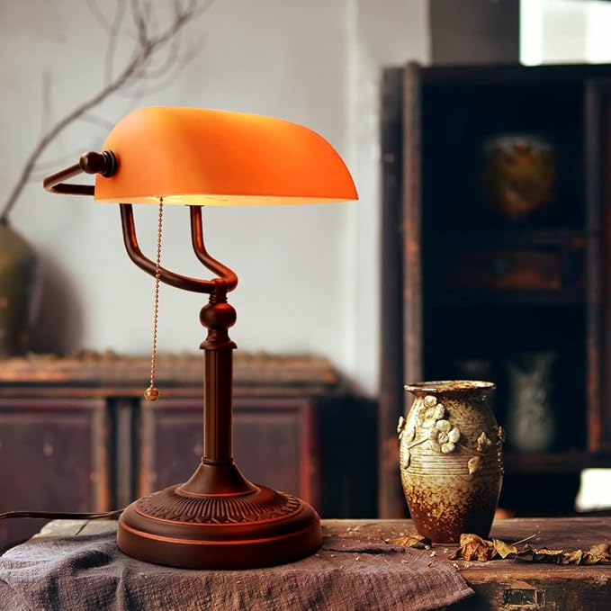 Matted Orange Glass Bankers Desk Lamp with Pull Chain Switch Plug in Fixture
