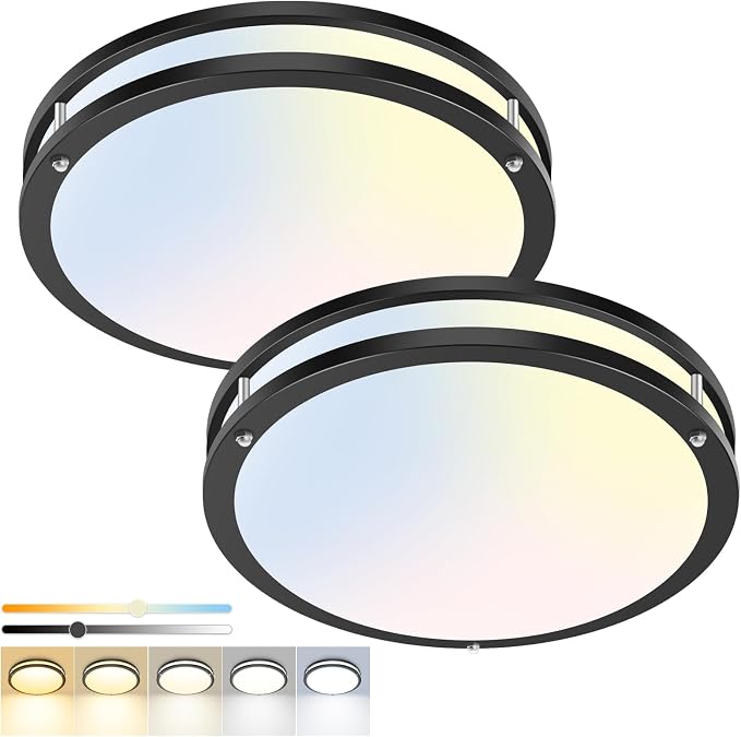hepside 2 Pack Flush Mount Ceiling Light Fixture, Dimmable & 5Color Temperatures Ceiling Light Black, 10inch 15W 3000K 3500K 4000K 5000K 6500K Adjustable Ceiling Lamps for Bathroom Bedroom Hallway