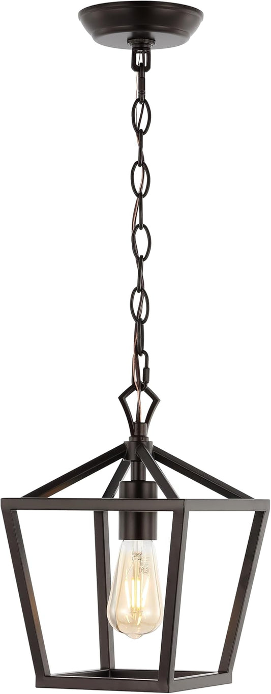 JONATHAN Y 8" Oil Rubbed Bronze Lantern Pendant Light, 1-Light Pagoda Style Metal Cage Farmhouse Hanging Ceiling Fixture for Kitchen Island, LED Bulb Included JYL7618A