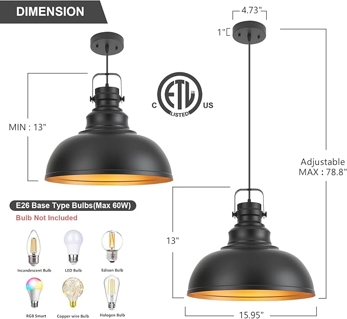 Refice 16 Inch Farmhouse Pendant Lights Kitchen Island Black Pendant Lighting Industrial Dome Island Pendant Lights, Adjustable Height, Hanging Lights, Dining Room, Barn