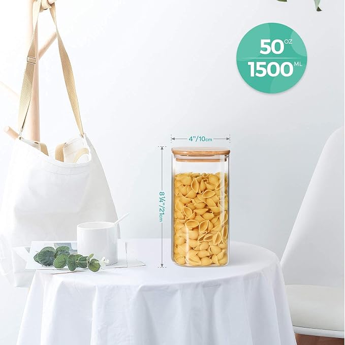 ComSaf 1.6 Qt Square Glass Jars with Bamboo Lids Set of 3, Space-Saving Glass Pantry Storage Containers, Airtight Clear Glass Storage Containers with Wide 3.9" Mouth for Coffee, Sugar, Short Pasta