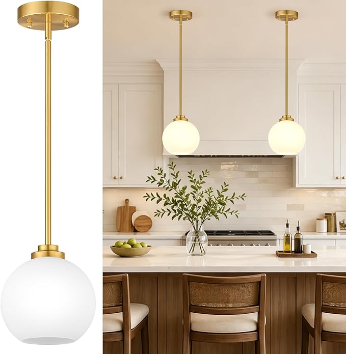 1 Pack 22"-50" Height Adjustable Glass Pendant Lights Kitchen Island, Globe Brushed Gold Pendant Lights with Milk Glass Shade, Mid Century Pendant Light Fixtures Kitchen Pendant Lighting over Island