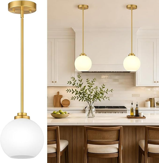 1 Pack 22"-50" Height Adjustable Glass Pendant Lights Kitchen Island, Globe Brushed Gold Pendant Lights with Milk Glass Shade, Mid Century Pendant Light Fixtures Kitchen Pendant Lighting over Island