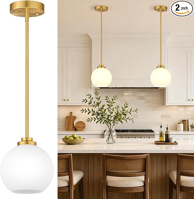 2 Pack 22"-50" Height Adjustable Glass Pendant Lights Kitchen Island, Globe Brushed Gold Pendant Lights with Milk Glass Shade, Mid Century Pendant Light Fixtures Kitchen Pendant Lighting over Island