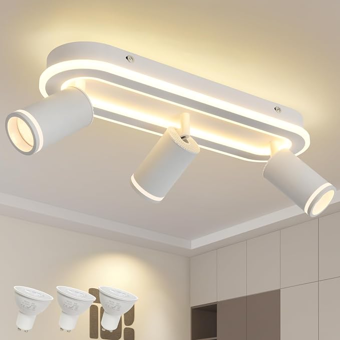 LED 3 Light Track Lighting Spotlight Kit, White Ceiling Spotlights, Modern Track Light Fixture with Flexibly Rotatable Light Heads, 35W+15W Dual Lighting for Kitchen Living Room,Includes 3 x GU10 Bulb