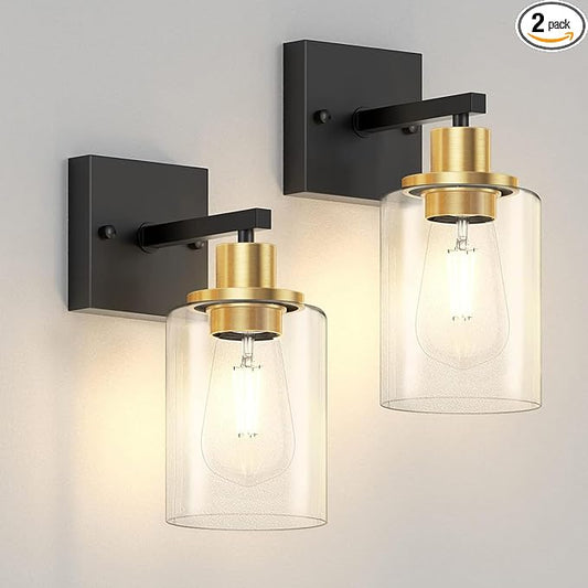 Licperron Black and Gold Wall Sconces Set of 2 with Clear Glass Shade, Matte Black Vanity Light Fixtures, Farmhouse Wall Lights for Bathroom, Bedside, Mirror, Living Room, Hallway