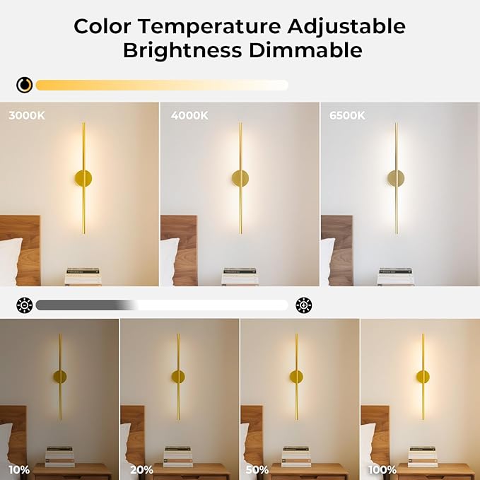 GvvooHome Battery Operated Wall Sconces Set of 2, 10000mAh Wireless Rechargeable Wall Lights Dimmable Detachable Wall Lamp with Remote Control, 3000K-6500K Dimmable Wall Sconce 28.3 Inch Gold