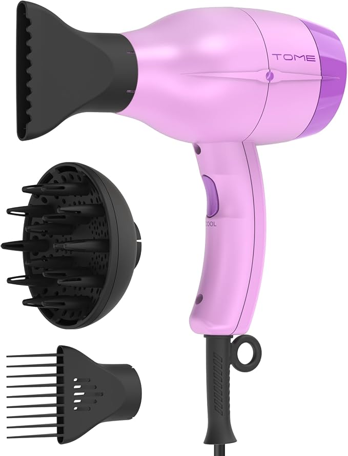 TOME Hair Dryer with Diffuser, 1875W Ionic Blow Dryer with Comb Attachment and Concentrator for Home Use, Fast Drying with Cool Shot and 2 Heat & 2 Speed Settings, 125V, Purple