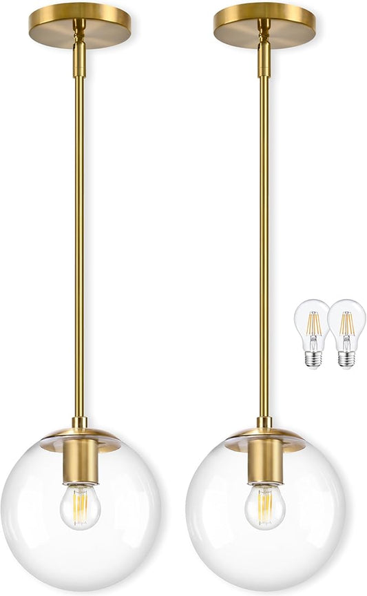 Bagood 8" Globe Pendant Light Gold 2 Pack Mid Century Pendant Light Globe Pendant Lights Kitchen Island Brushed Brass Finished with Clear Glass Adjustable Ceiling Light Fixtures for Dining Room Bar