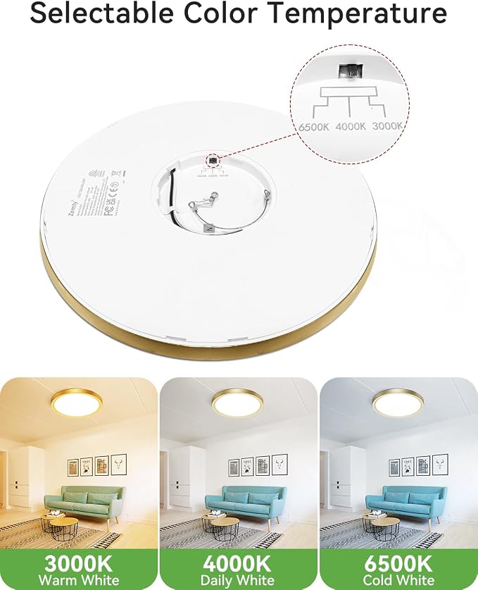 zemty LED Ceiling Light Golden - 12In 28W Aureate Flush Mount Ceiling Light, 3 Color Temperature 3000K/4500K/6000K - 3200lm Gilded Round Flat Light Fixture for Kitchen Bathroom Shower