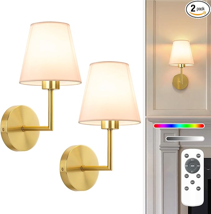 NIORSUN 13.8 inch Battery Operated Wall Sconce Set of 2,Gold Rechargeable Wall Lights with 10400mAh Dimmable Detachable Bulbs and Remote,9 Colors Wireless Sconces for Bedroom Living Room Hallway