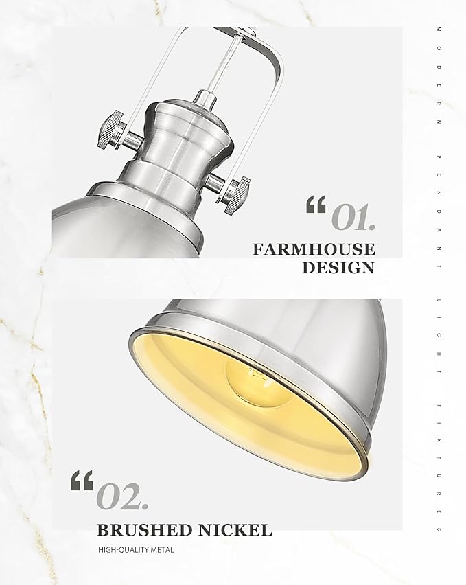 Pendant Lights Kitchen Island, Farmhouse Hanging Lights Fixtures with Metal Shade, Rustic Kitchen Pendant Lighting Over Island for Dining Room, Brushed Nickel, AD-2151-1P-SN