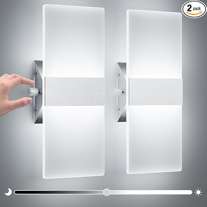 ChangM Modern Wall Sconces Set of Two, 12W Acrylic Led Wall Light, Equipped with a Rotary Switch to Adjust Brightness 10%-100%, Indoor Wall Mounted Lights Hardwired 6000K Cool White