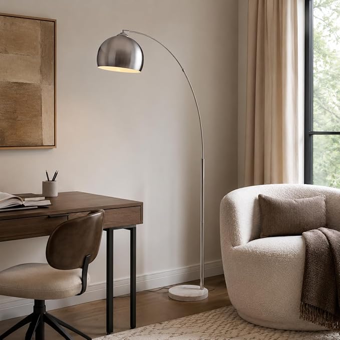 Teamson Home Arquer 68.1" Arc Floor Lamp for Living Rooms, Home Offices, Dining Rooms, Bedrooms with Faux White Marble Base and Nickel Bell Shade