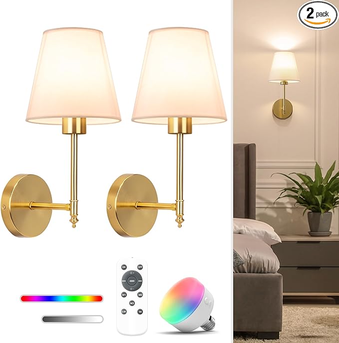 NIORSUN 14.5 inch Battery Operated Wall Sconce Set of 2,Gold Rechargeable Wall Lights with 10400mAh Dimmable Detachable Bulbs and Remote,9 Colors Wireless Sconces for Bedroom Living Room Hallway Decor