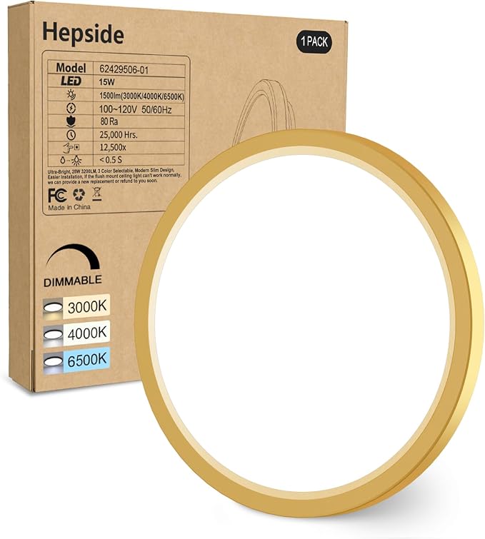 hepside 1Pack Dimmable Flush Mount Ceiling Light Fixture Golden, 3000/4000/6500K Ceiling Lamp, 7.5INCH 15W 1500LM Low Profile Light for Bedroom, Kitchen, Bathroom, Hallway