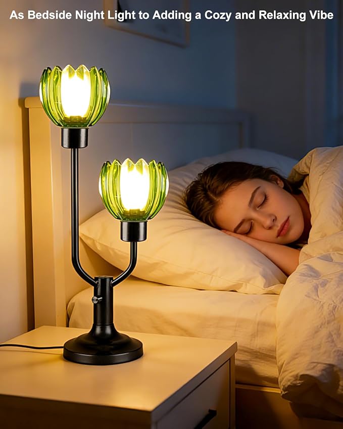 Lightdot Green Glass Flower Table Lamp for Living Room Dimmable Nightstand Lamp Mid Century Modern Vintage Black Desk Lamp 2 Bulbs Included Warmwhite Ambient Bedside Lamp for Bedroom Home Office Decor