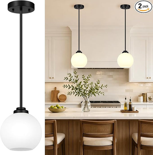 2 Pack 22"-50" Height Adjustable Glass Pendant Lights Kitchen Island, Globe Matte Black Pendant Lights with Milk Glass Shade, Mid Century Pendant Light Fixtures Kitchen Pendant Lighting over Island