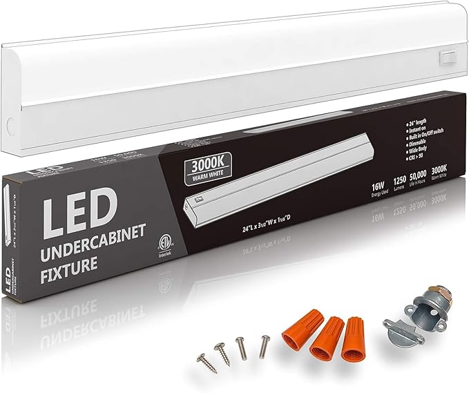 6 Pack Hardwired LED Under Cabinet Lighting - 16 Watt, 24", Dimmable, UnderCRI>90, 3000K (Warm White), Wide Body, Long Lasting Metal Base with Frost Lens