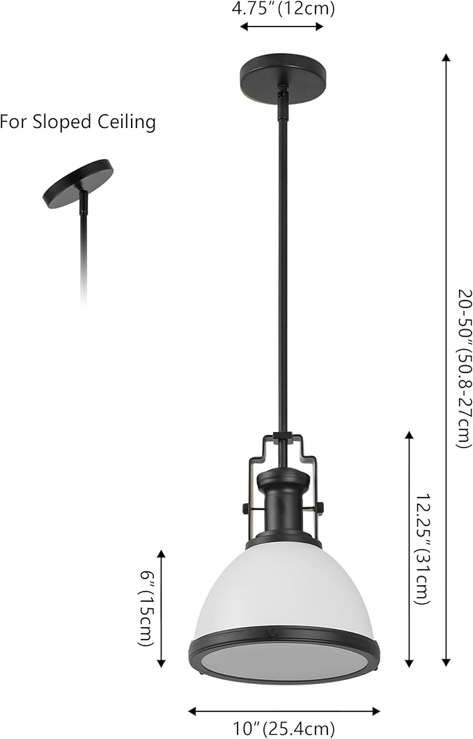 JONATHAN Y 10" Matte Black/White Modern Industrial Iron LED Dome Pendant Light, Adjustable Hanging Fixture for Kitchen Island or Entryway, White Metal Shade, LED Bulb Included (JYL9535E)