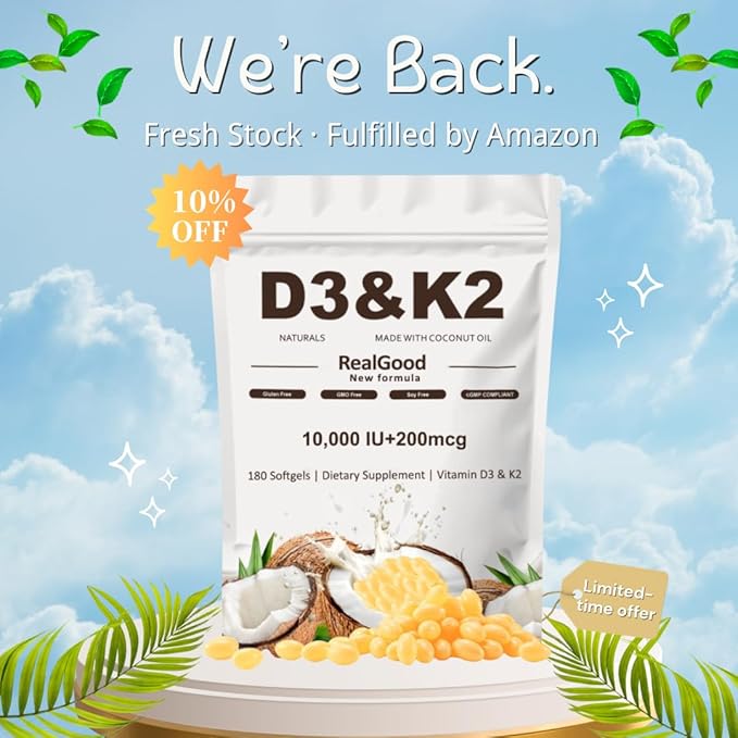 Real Good essentials VitaminD3 & K2 Coconut Oil Softgels Capsules | D3 10,000 IU + K2 MK-7 200 mcg | Upgraded High-Potency Formula for Bone, Immune Health, Boosts Energy & Calcium Absorption (1pc)