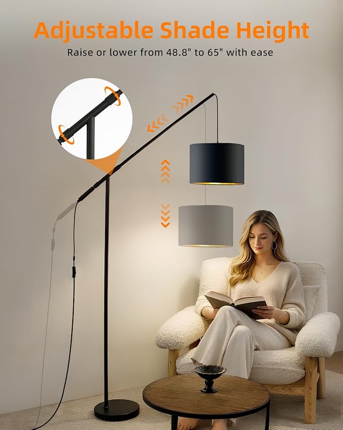 Arc Floor Lamp for Living Room, Dimmable Standing Lamp with Remote, Brightness & Color Temp Adjustable, Height Adjustable Arched Reading Light with LED Bulb, Black Tall Pole Lamp for Bedroom, Office
