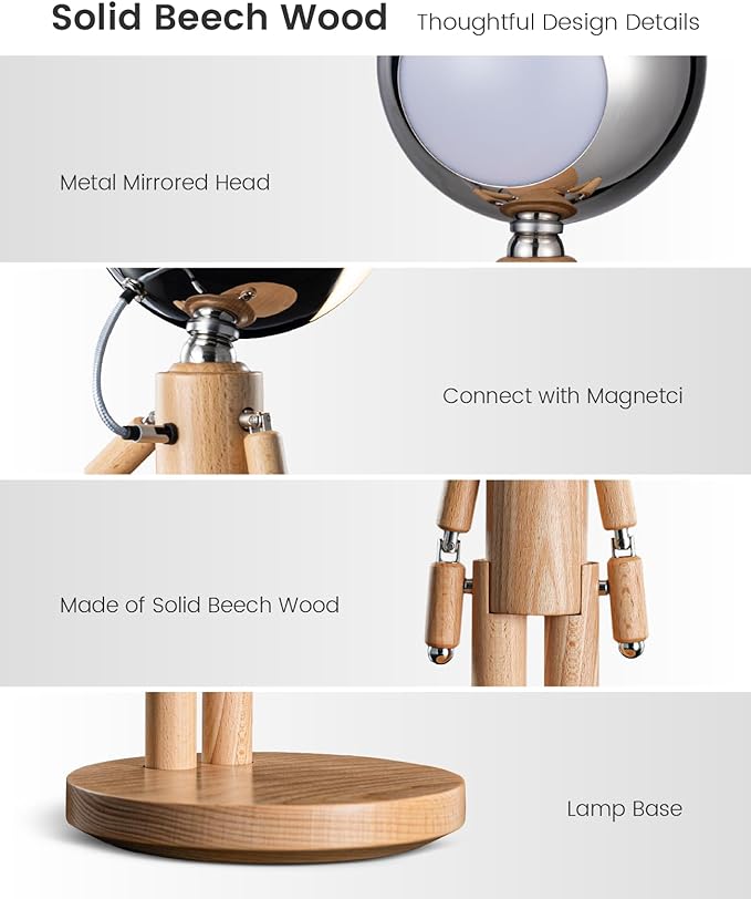 Rechargeable Cordless Desk Lamp, Creative Wooden Table Lamp with 3 Color &Stepless Dimming, Adjustable Pause Moon Lamp, Unique Decorative Desk Lamp for Bedroom, Nightstand, Office & Gift, Beech Wood