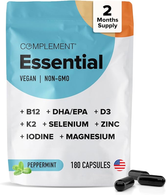 Complement Essential Vegan Multivitamin for Men & Women (60 Servings, 180 Capsules) with Omega-3 DHA & EPA, B12, Vitamin D3 & K2, Zinc, Selenium, Magnesium, Iodine - Supports Immunity & Overall Health