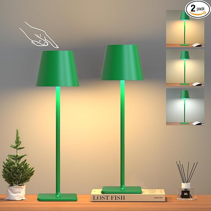 Yogaret Green Cordless Table Lamp Set of 2-3 Color Stepless and Dimmable - for Restaurant Dining Bedroom Home Bar