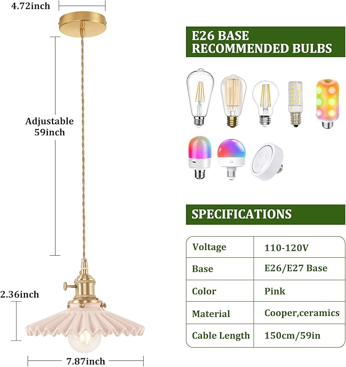 Shenmoyl Pendant Light 2 Pack with Pink Pleated Ceramic Lmapshade, Brass Vintage Pendant Light Adjustable Hanging Light for Kitchen Island Dining Room Hallway