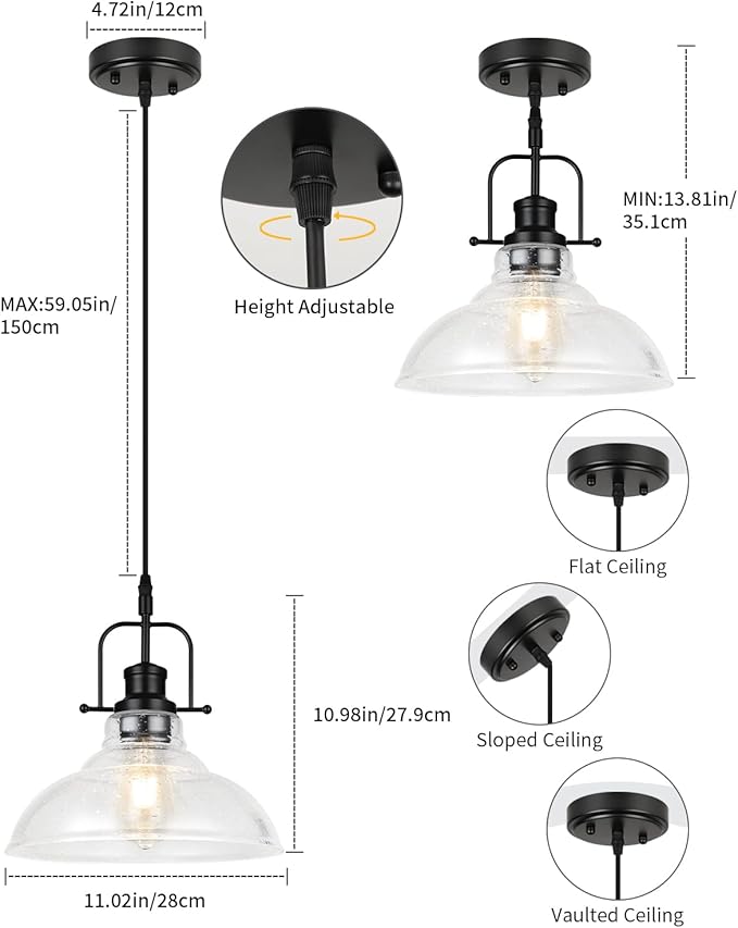 WILON Seeded Glass Pendant Lights Kitchen Island Lighting, Black Modern Farmhouse Pendant Light Fixture with E26 Base, Vintage Hanging Ceiling Lamp for Kitchen Sink Hallway Dining Room Entry Hall
