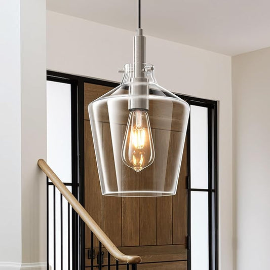 Modern Glass Pendant Lighting for Kitchen Island, Farmhouse Nickel Pendant Light Fixtures 1 Pack, Adjustable Hanging Ceiling Light Angled Clear Glass Shades 8 Inch
