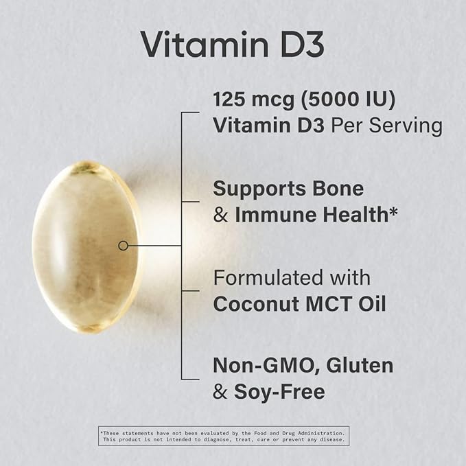 Sports Research® Vitamine D3 avec huile de noix de coco TCM - Complément de vitamine D3 haute puissance 5000 UI (125 mcg) pour le soutien immunitaire et osseux - Sans huile de graines - Sans OGM - Sans gluten (360 capsules molles liquides)