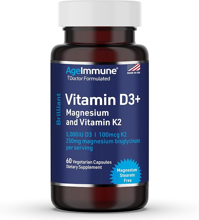 AgeImmune ブリリアント D3+ コンプレックス - 60カプセル - 5000 IU ビタミンD3 + K2 + グリシン酸マグネシウム配合 - 医師処方 免疫・骨サポート - ステアリン酸塩不使用、二酸化物不使用