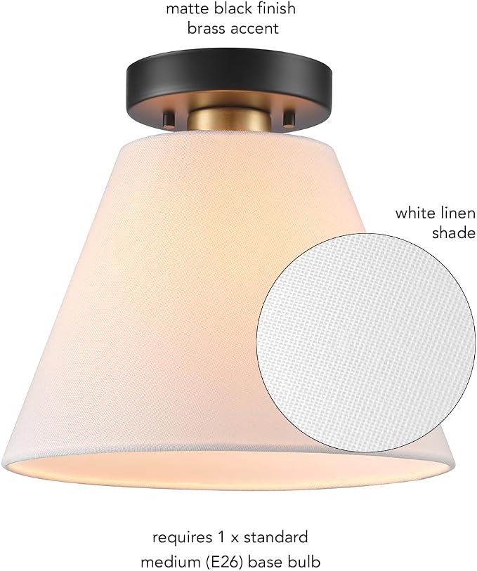 Globe Electric 1-Light Semi-Flush Mount Ceiling Light, Matte Black with Matte Brass Accent, White Linen Shade, Dimmable, E26 Base, Transitional Style, 66000137