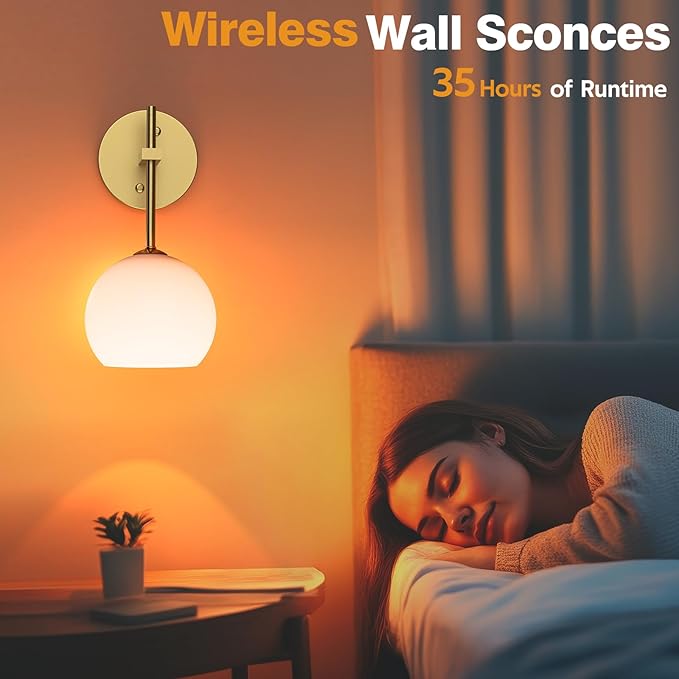 MOITA Wall Sconces Set of Two, Wireless Battery Operated Wall Decor with Remote, Sconces Wall Lighting with Glass Shade, Upward and Downward Installation, 12 RGB Colors and 3 CCT Options