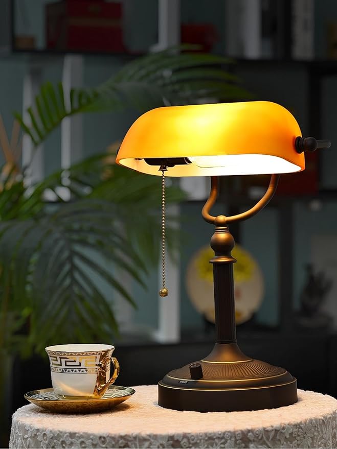 Matted Amber Glass Bankers Desk Lamp, Stepless Dimmable Table Lamp Plug in Fixture for Study, Home Office,Library, LED Bulb Included