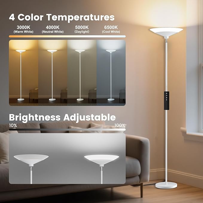 SIBRILLE White Torchiere Floor Lamp - 30W Dimmable LED Standing Lamp with Remote/Button Control, 1800Lm, 3000-6500K, 72in Bright Standing Pole Light for Living Room Bedroom Office Corner