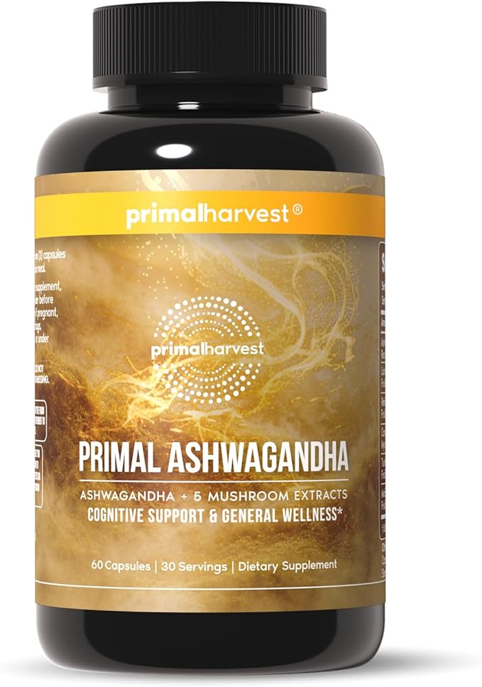 Primal Harvest アシュワガンダ サプリメント 5種のキノコエキス配合：ライオンズたてがみ、霊芝、冬虫夏草、カワラタケ、舞茸（免疫サポート・認知機能の健康に）