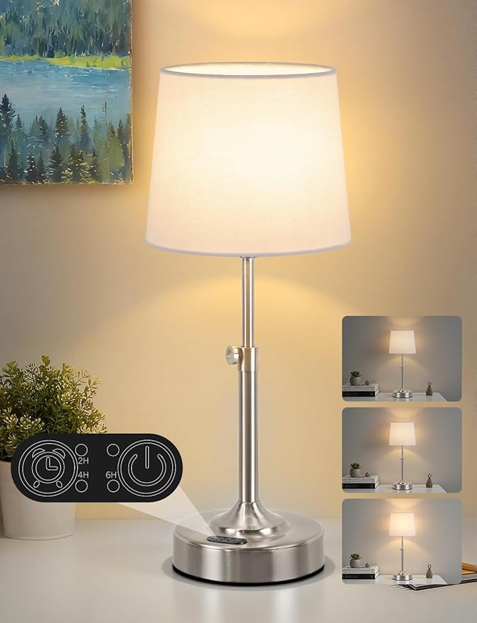 Height Adjustable Cordless Table Lamp with 2H/4H/6H Timer, Rechargeable Battery Operated Lamp Dimmable, Portable Battery Lamp for Camping Restaurant, Brushed Nickel LED Wireless Lamps, Bulb Included