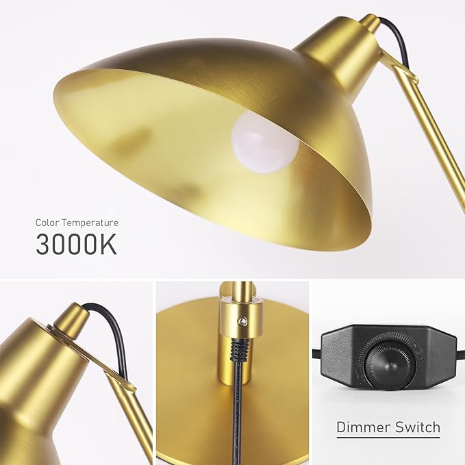 Desk Lamp Modern Industrial 100% Metal Adjustable Table Lamp 24", Natural Light (4000K) with Dimmer, Ideal for Office Bedroom Study Room Living Room Nightstand Bedside Lamps Brass